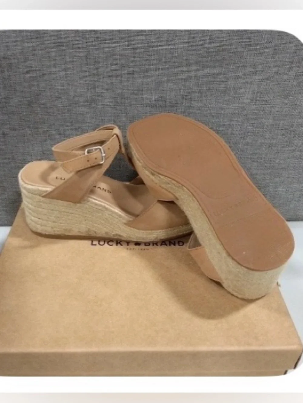 NWB Leather espadrille wedge sandals, Lucky Brand LK-Valki, Size 6 Tan